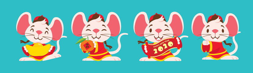 Chinese New Year 2020. Cartoon cute mouse character set with traditional chinese costume. The year of rat. Translation: lucky (Orange) - flat art vector rat character set