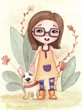 cute watercolor cartoon illustration with character child girl and dog bulterier