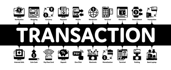 Online Transactions Minimal Infographic Web Banner Vector. Online Transactions, Secure Financial Payment Operation Linear Pictograms. Internet Banking Money Deposit, Currency Exchange Illustrations