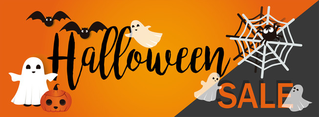 Halloween sale vector banner. Cute header with ghosts, bats, spider and pumpkin.