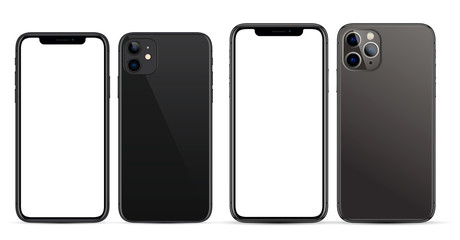11th generation smartphone in black, with a blank screen for the web interface, and the back with cameras - obrazy, fototapety, plakaty
