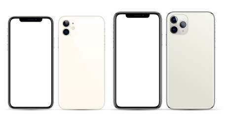 11th generation smartphone in white, with a blank screen for the web interface, and the back with cameras