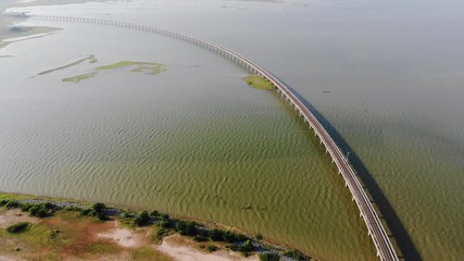 Drone shot aerial view scenic landscape of the bridge with train railway over a big river
