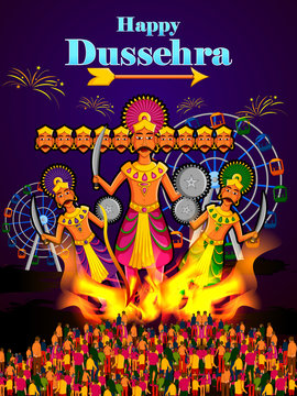 easy to edit vector illustration of Ravana monster with Hindi massage meaning Happy Dussehra background showing festival of India