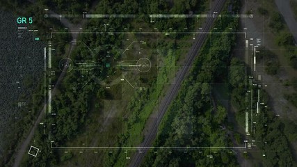 Aerial view scenic landscape of the village in a rural place with cyber technology futuristic HUD drone user interface dark and grain processed - Powered by Adobe