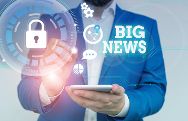 Writing note showing Big News. Business concept for knowing actions no one heard about it yet Teleporter journalist Male human wear formal suit presenting using smart device