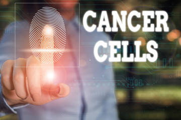 Conceptual hand writing showing Cancer Cells. Concept meaning forming solid tumors or flooding the blood with abnormal cells Woman wear work suit presenting presentation smart device