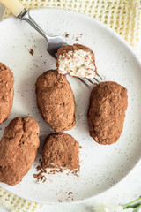 Curd cheese or cottage cheese bars with cocoa powder on a plate. Protein bar. Dessert with cottage cheese covered cocoa.
