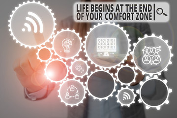 Fototapeta na wymiar Word writing text Life Begins At The End Of Your Comfort Zone. Business photo showcasing Make changes evolve grow Woman wear formal work suit presenting presentation using smart device
