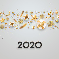 Lettering 2020 happy new year. Black numbers 2020 on a light background gifts confetti toys. 3d illustration, 3D render. Festive design, merry christmas.