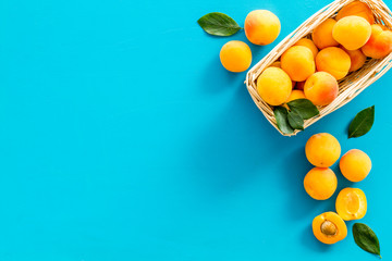 Collect apricots, blue background top view space for text, pattern with leaves
