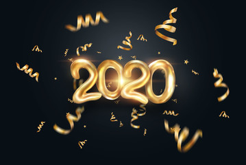 Lettering 2020 happy new year. Gold metallic numbers 2020 on a dark background. 3d illustration, 3D render. Festive design of merry christmas.
