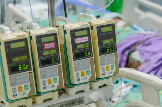 Infusion pump using for treatment patient in ICU at the hospital.