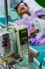 Infusion pump using for treatment patient in ICU at the hospital.