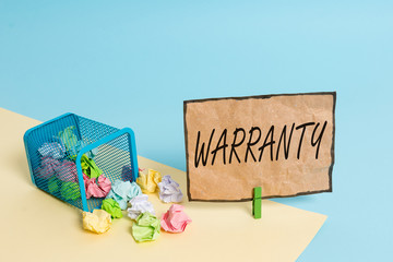 Handwriting text writing Warranty. Conceptual photo Free service of repair and maintenance of the product sold Trash bin crumpled paper clothespin empty reminder office supplies tipped