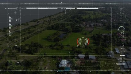 Aerial view scenic landscape of the village in a rural place with cyber technology futuristic HUD drone user interface dark and grain processed