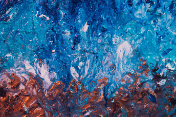 Fototapeta na wymiar Creative abstract art background. Blue and brown acrylic paint. White sea waves foam design.