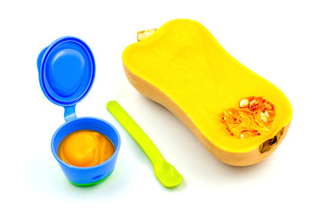 Baby first solids. Weaning. Homemade vegetable pumpkin puree