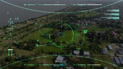 Aerial view scenic landscape of the village in a rural place with cyber technology futuristic HUD drone user interface dark and grain processed