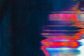 Screen damage. Digital glitch error. Colorful glow on teal blue background. - obrazy, fototapety, plakaty