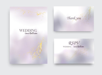 Modern wedding invitation alcohol ink design. Vector set on watercolor ink splash ink violet grey colors. Purple acrylic marble liquid design .