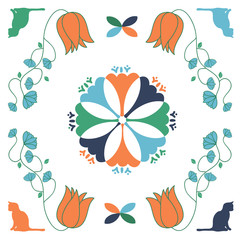 Cat Folk Art Quilt Square Vector Seamless repeat pattern. Repeating quilt square art featuring cats and flowers.