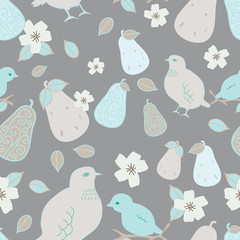 Partridge Birds and pear blossom seamless vector repeat pattern. Mother and baby Partridges with pears and blossoms.