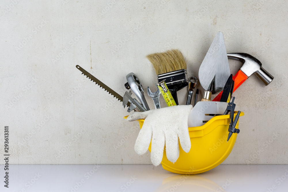 Wall mural Equipment of carpenter in safety helmet