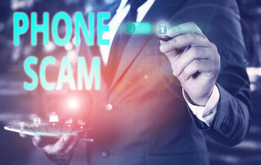 Text sign showing Phone Scam. Business photo showcasing getting unwanted calls to promote products or service Telesales Male human wear formal work suit presenting presentation using smart device