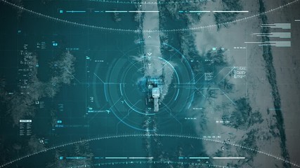 Aerial view scenic landscape of the tractor in a farm with cyber technology futuristic HUD drone user interface dark and grain processed