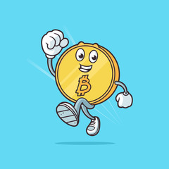 Happy running bitcoin mascot vector cartoon illustration