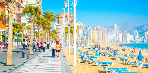 BENIDORM, SPAIN - 14 March 2019: Beach and walkway in Benidorm