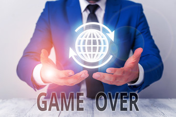Text sign showing Game Over. Business photo showcasing A situation in a particular sport that reach his finals or ending