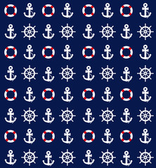 Fototapeta premium Anchor, life belt and ship's wheel pattern. Nautical marine blue background design.