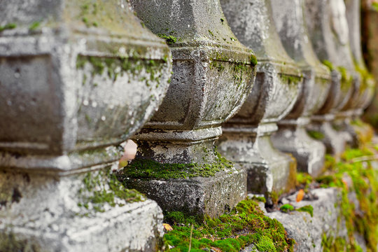 ancient balusters covered with moss closeup