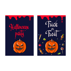 Halloween party poster. Greeting card  with halloween symbols. Funny halloween card. Party invitation design.