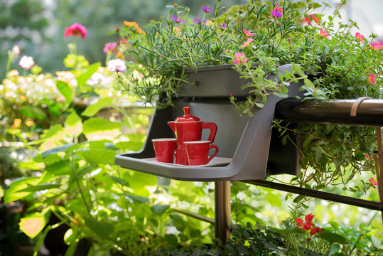 Balcony garden. Cozy summer balcony with many potted plants, cup of coffee. Morning coffee on the balcony. Small table with red coffee cups and coffee maker.