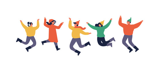 Happy winter vacation. Warmly dressed people are jumping. Merry christmas holiday. Vector illustration in a flat style.