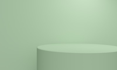 Geometric green abstract background with a cylindrical podium. 3d rendering