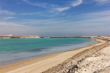Sea beach landscape view in summer, United Arab Emirates. Sir Bani Yas island, Abu Dhabi