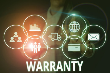 Writing note showing Warranty. Business concept for Free service of repair and maintenance of the...