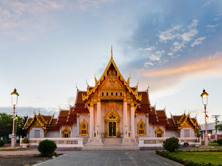 Fototapeta na wymiar Unseen thailand, Sunset at Wat Benchamabophit Dusitvanaram, Ancient royal marble buddha temple, Bangkok, Thailand