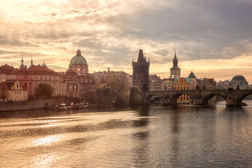 Fototapeta na wymiar Prague Olt Town and Charles bridge, view from the Manes bridge in the morning, historic cityscape, Czech Republic, travel background
