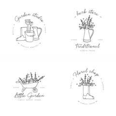 Vector set of logos, badges and icons for farmers and garden tools flowers shop. Collection symbol of gardening.