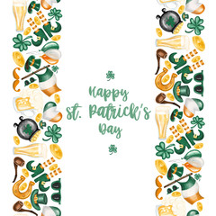 Card template with borders of elements to St.Patrick's Day celebration, hand drawn on a white background