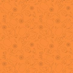 Halloween pattern, orange background with illustration - holiday hat, spider web, skull, oak, leaf, bat