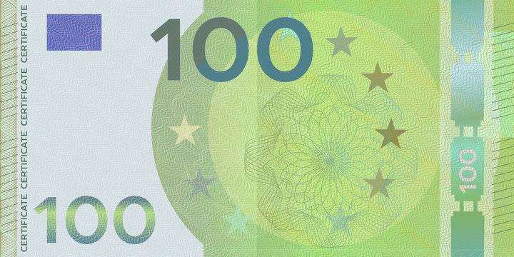 Voucher template banknote 100 euro with guilloche pattern watermarks and border. Green background banknote, gift voucher, coupon, money design, currency,note,check, cheque, reward, certificate design