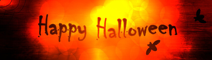 brennender dunkler Banner mit Text Happy Halloween mit Feuer im Hintergrund