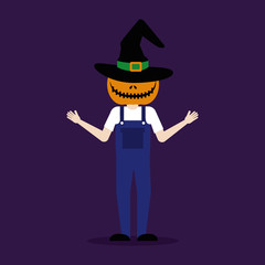 halloween young man disguised of scarecrow vector illustration design