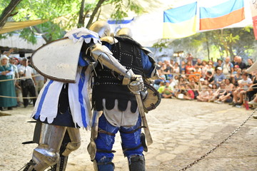 Knights are fighting on the battlefield during the festival "Jerusalem Knights 2019"